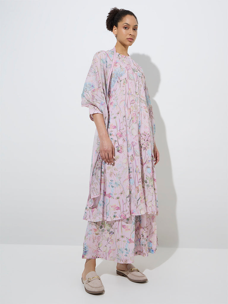 Zuba Pink Botanical Design A-Line Kurta