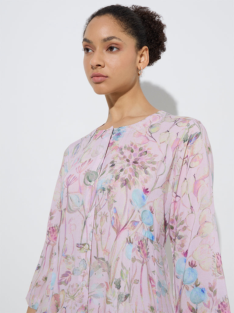 Zuba Pink Botanical Design A-Line Kurta - Image 2