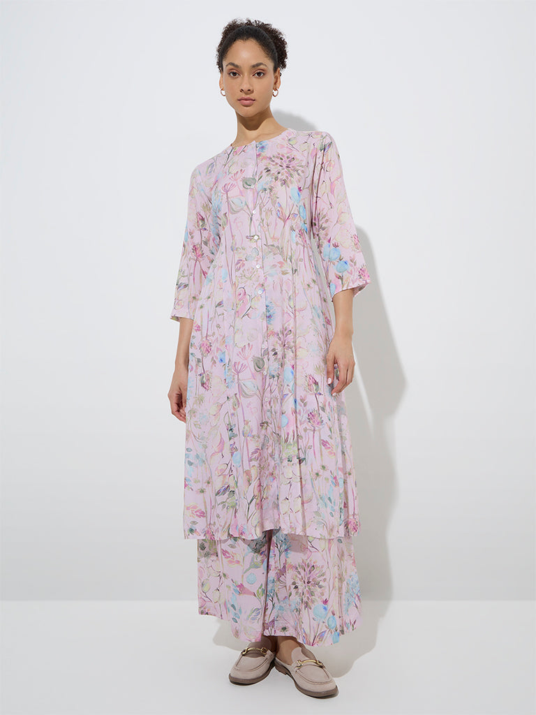Zuba Pink Botanical Design A-Line Kurta - Image 3
