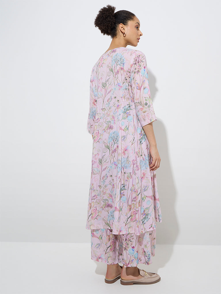 Zuba Pink Botanical Design A-Line Kurta - Image 4