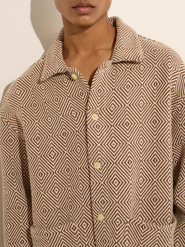 ETA Brown Geometrical Design Relaxed-Fit Cotton Jacket - Image 2