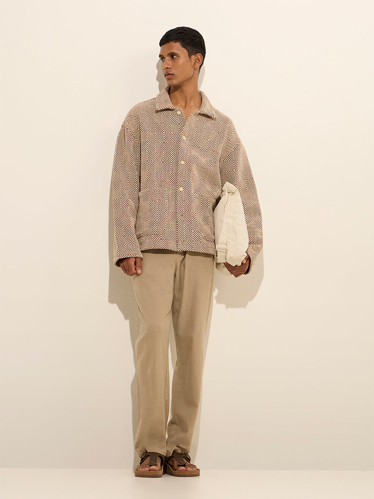 ETA Brown Geometrical Design Relaxed-Fit Cotton Jacket - Image 3