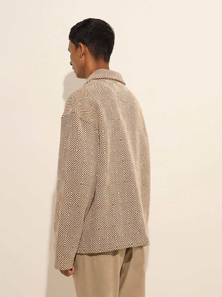 ETA Brown Geometrical Design Relaxed-Fit Cotton Jacket - Image 4
