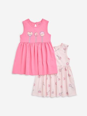 HOP Baby Pink Candy Printed A-Line Cotton Dress - Pack of 2