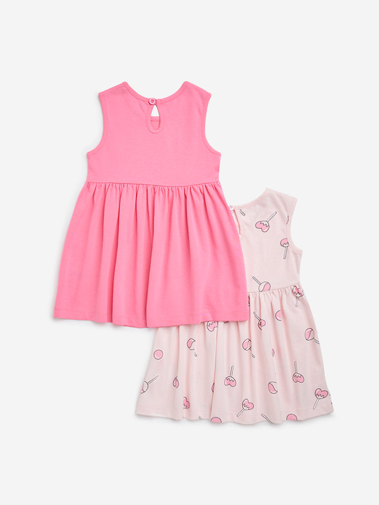 HOP Baby Pink Candy Printed A-Line Cotton Dress - Pack of 2 - Image 2