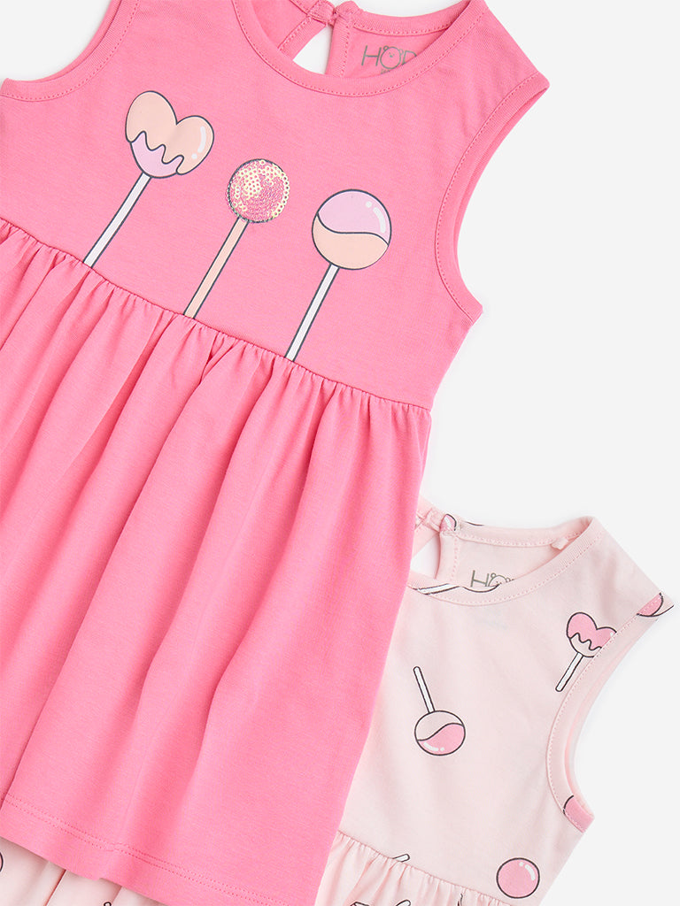 HOP Baby Pink Candy Printed A-Line Cotton Dress - Pack of 2 - Image 3