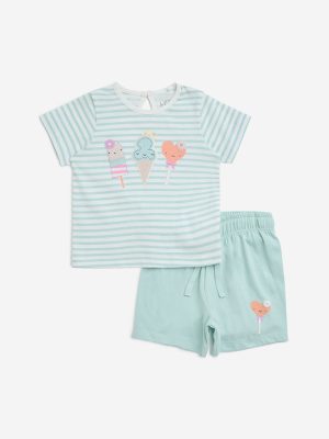 HOP Baby Mint Stripe Printed Cotton T-Shirt with Shorts Set