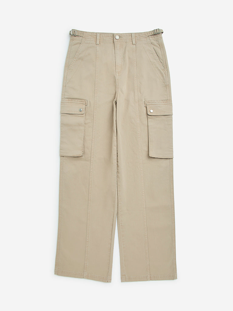 Y&F Kids Dark Beige Mid-Rise Cotton-Blend Cargo Pants