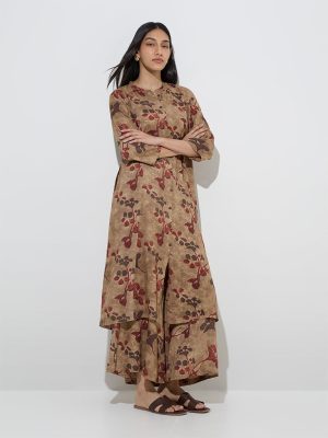 Utsa Beige Floral Printed A-Line Kurta