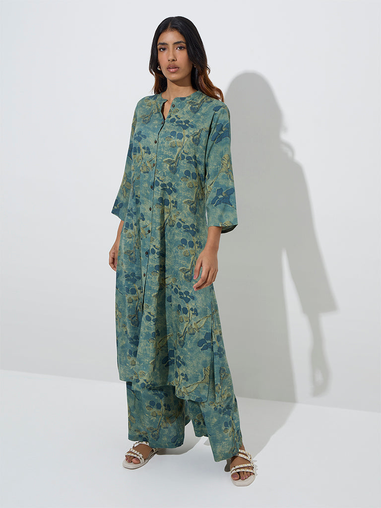 Utsa Teal Botanical Butta Design A-Line Kurta - Image 3
