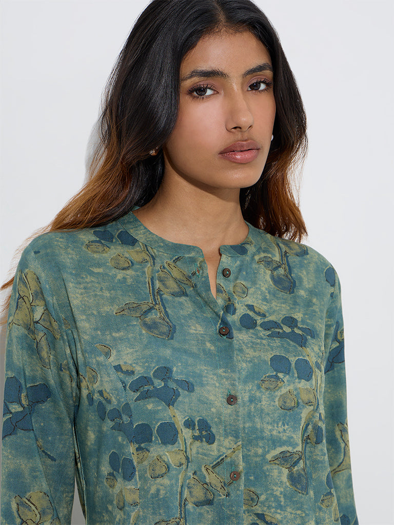 Utsa Teal Botanical Butta Design A-Line Kurta - Image 2