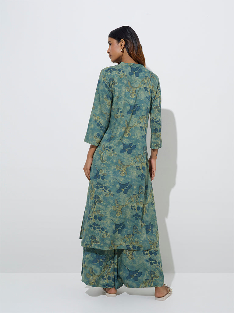 Utsa Teal Botanical Butta Design A-Line Kurta - Image 4