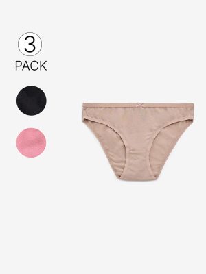 Wunderlove Pink Solid Cotton-Blend Bikini Briefs - Pack of 3