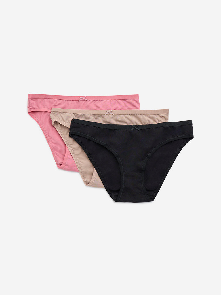 Wunderlove Pink Solid Cotton-Blend Bikini Briefs - Pack of 3 - Image 5