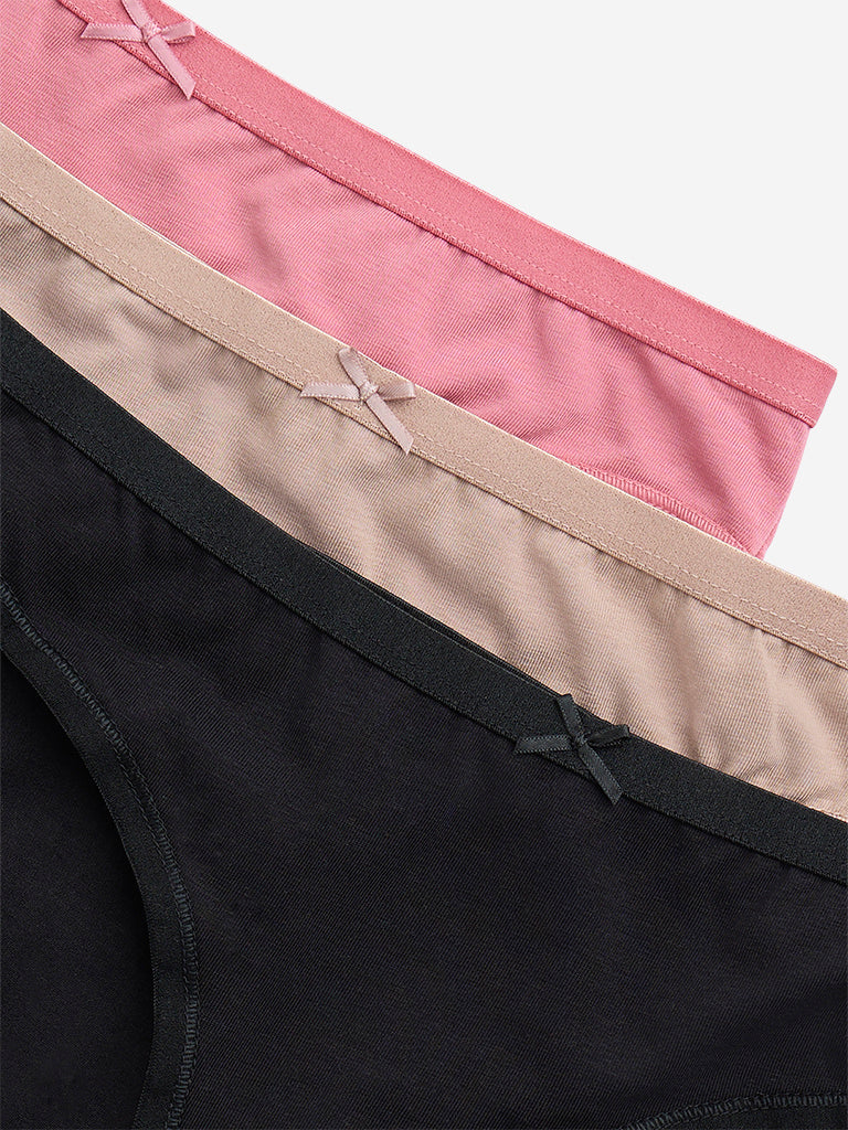 Wunderlove Pink Solid Cotton-Blend Bikini Briefs - Pack of 3 - Image 7