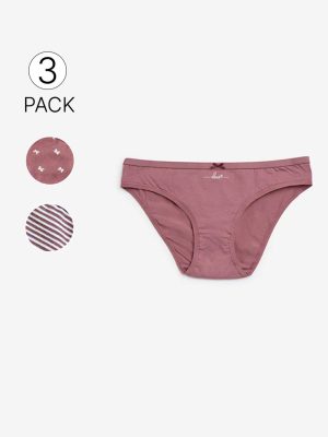 Wunderlove Mauve Cotton-Blend Bikini Briefs - Pack of 3
