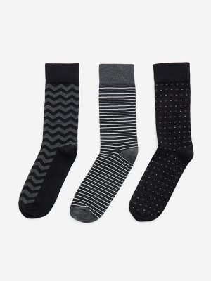 WES Lounge Black Striped Full Length Cotton-Blend Socks - Pack of 3