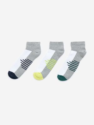 WES Lounge Grey Striped Ankle Length Cotton-Blend Socks - Pack of 3
