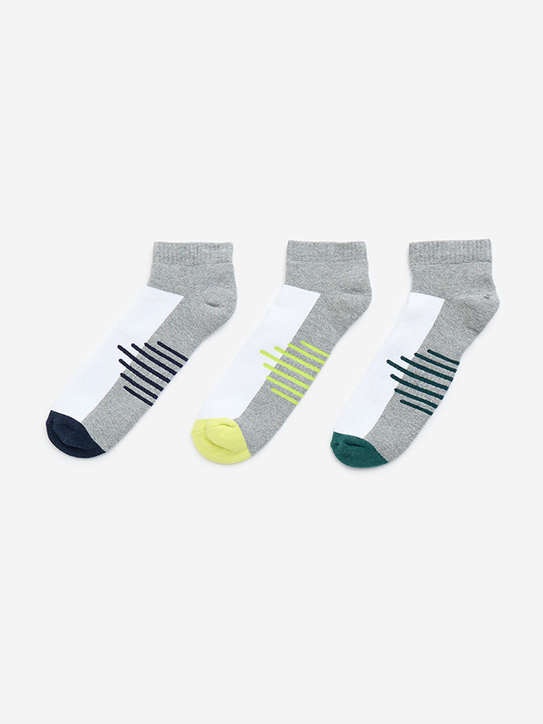 WES Lounge Grey Striped Ankle Length Cotton-Blend Socks - Pack of 3