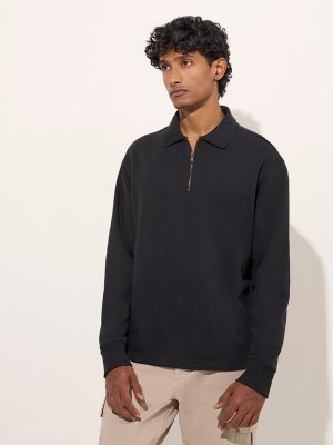 WES Casuals Black Quarter Zip Cotton-Blend Sweatshirt