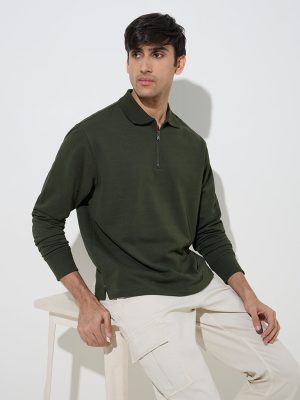 WES Casuals Olive Quarter Zip Cotton-Blend Sweatshirt