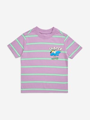 HOP Kids Lilac Stripe Printed Cotton T-Shirt