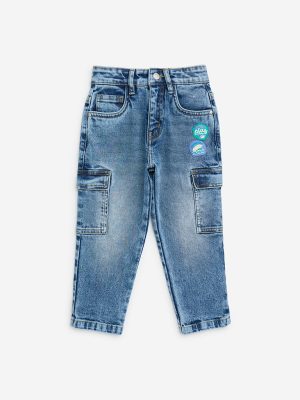HOP Kids Blue Faded Cargo-Style Straight-Fit Mid-Rise Jeans