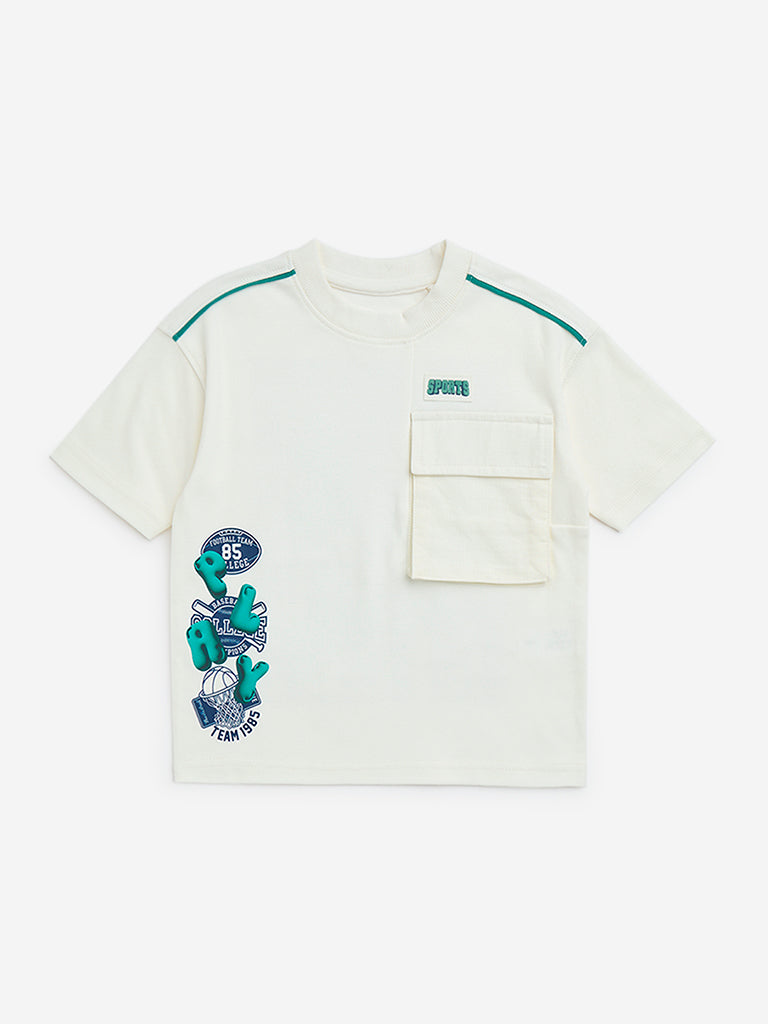 HOP Kids White Text-Printed Cotton T-Shirt