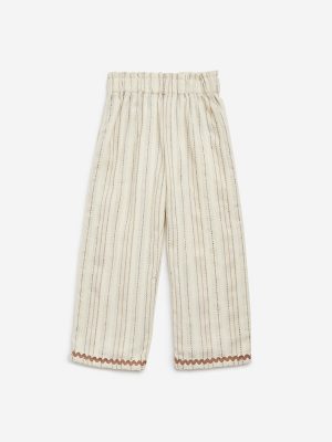 HOP Kids Beige Stripe Printed High-Rise Cotton-Blend Pants