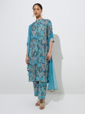 Vark Blue Botanical A-Line Kurta. Palazzos and Dupatta Set
