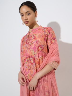 Vark Pink Botanical A-Line Kurta. Palazzos and Dupatta Set