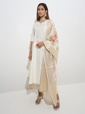 Vark Off-White A-Line Kurta. Pants and Floral Dupatta Set