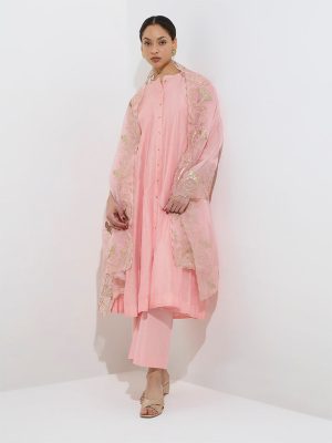 Vark Pink Cotton-Blend Kurta. Pants and Organza Dupatta Set