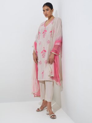 Vark Beige Embroidered A-Line Kurta. Pants and Dupatta Set