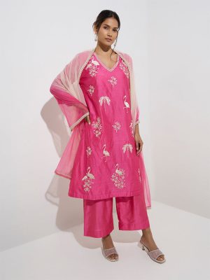 Vark Pink Embroidered A-Line Kurta. Pants and Dupatta Set