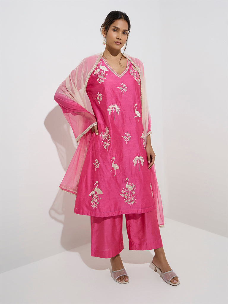 Vark Pink Embroidered A-Line Kurta. Pants and Dupatta Set