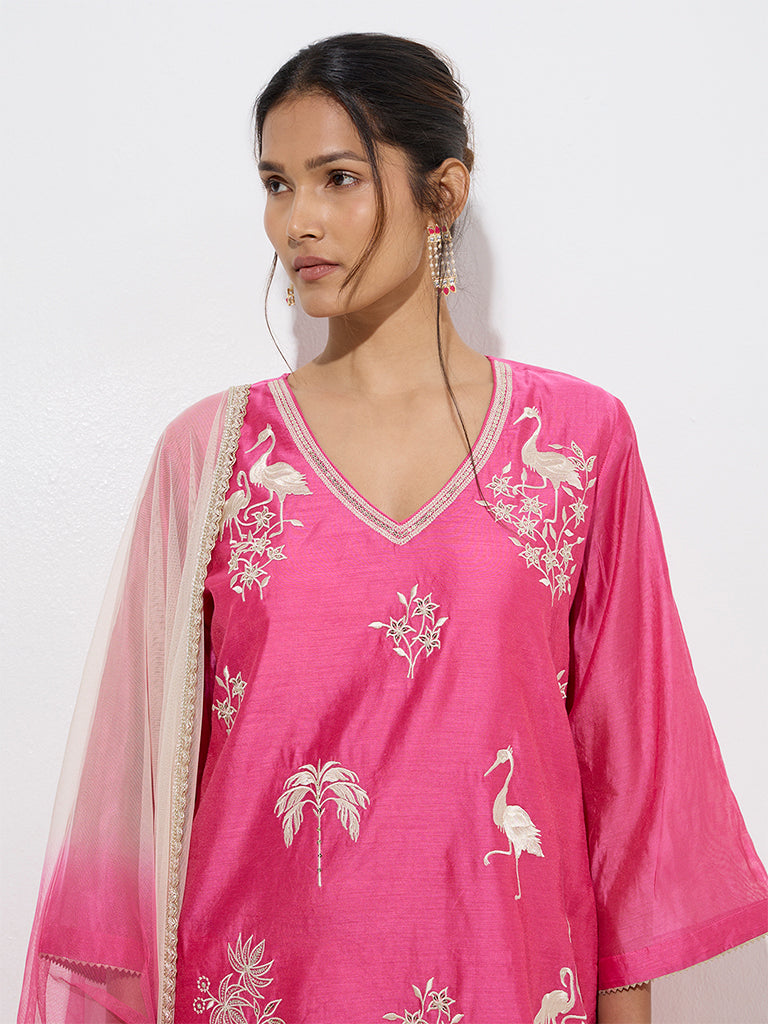 Vark Pink Embroidered A-Line Kurta. Pants and Dupatta Set - Image 2