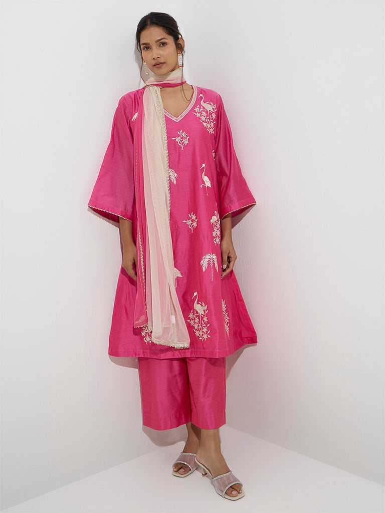 Vark Pink Embroidered A-Line Kurta. Pants and Dupatta Set - Image 3