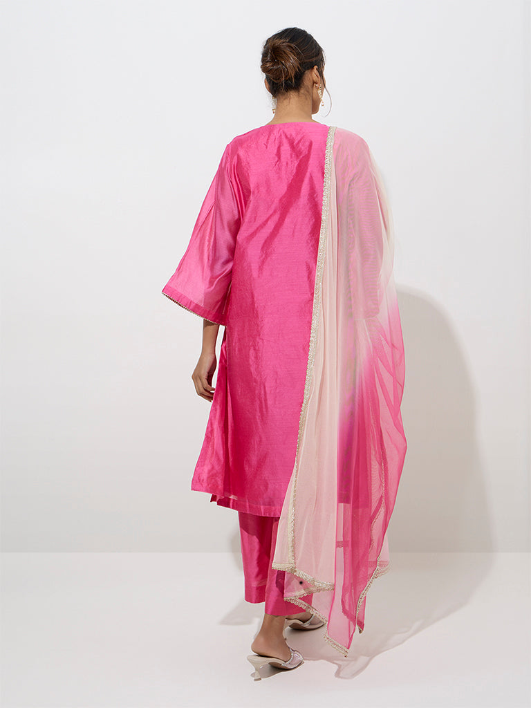 Vark Pink Embroidered A-Line Kurta. Pants and Dupatta Set - Image 4