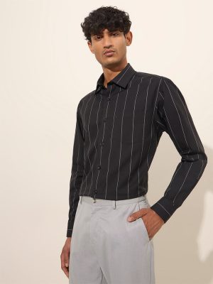 WES Formals Black Striped Slim-Fit Cotton Shirt