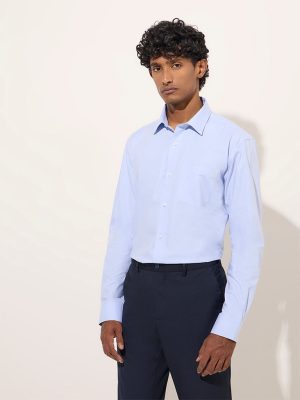 WES Formals Blue Self-Striped Relaxed-Fit Cotton Shirt