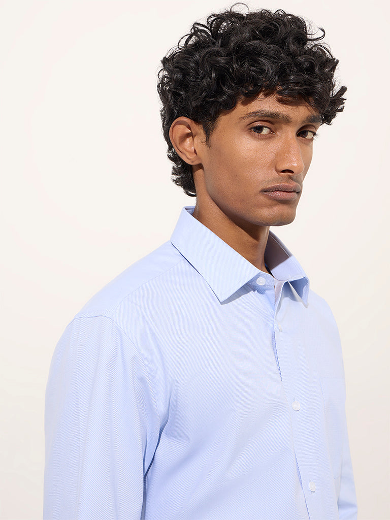WES Formals Blue Self-Striped Relaxed-Fit Cotton Shirt - Image 2