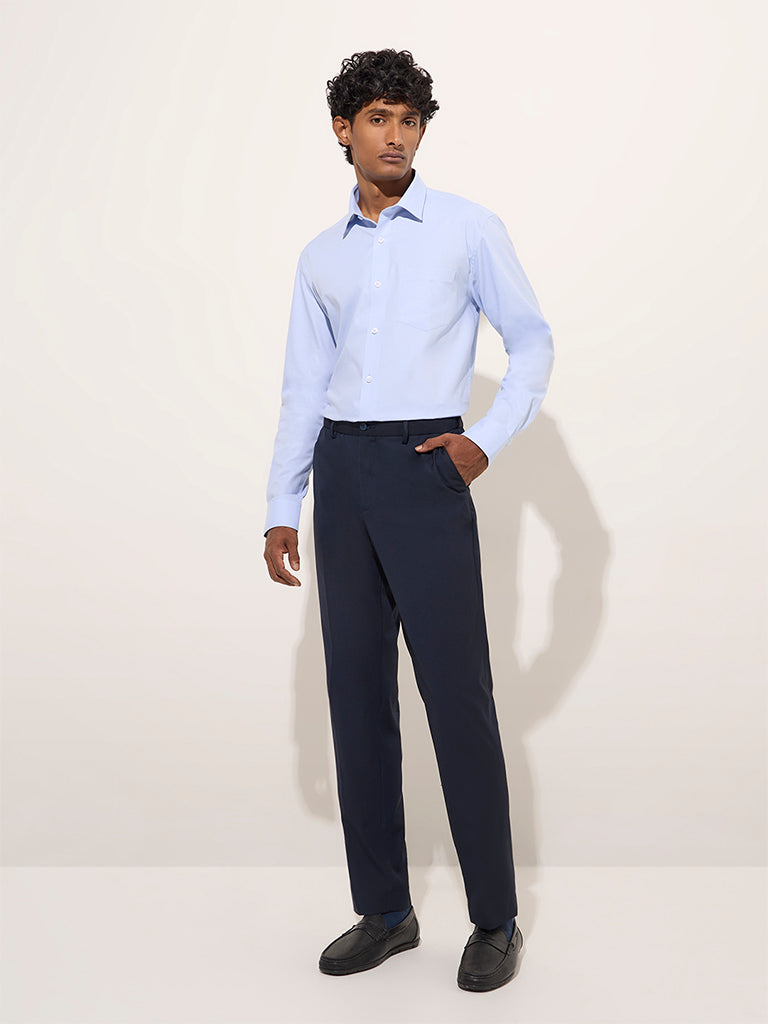 WES Formals Blue Self-Striped Relaxed-Fit Cotton Shirt - Image 3