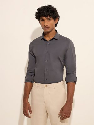 WES Formals Dark Grey Ultra-Slim Fit Cotton-Blend Shirt