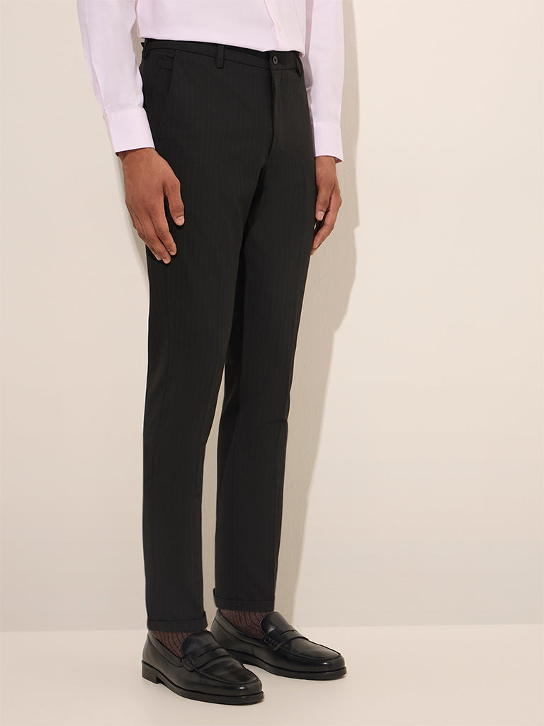 WES Formals Black Pinstriped Mid-Rise Slim-Fit Trousers - Image 3