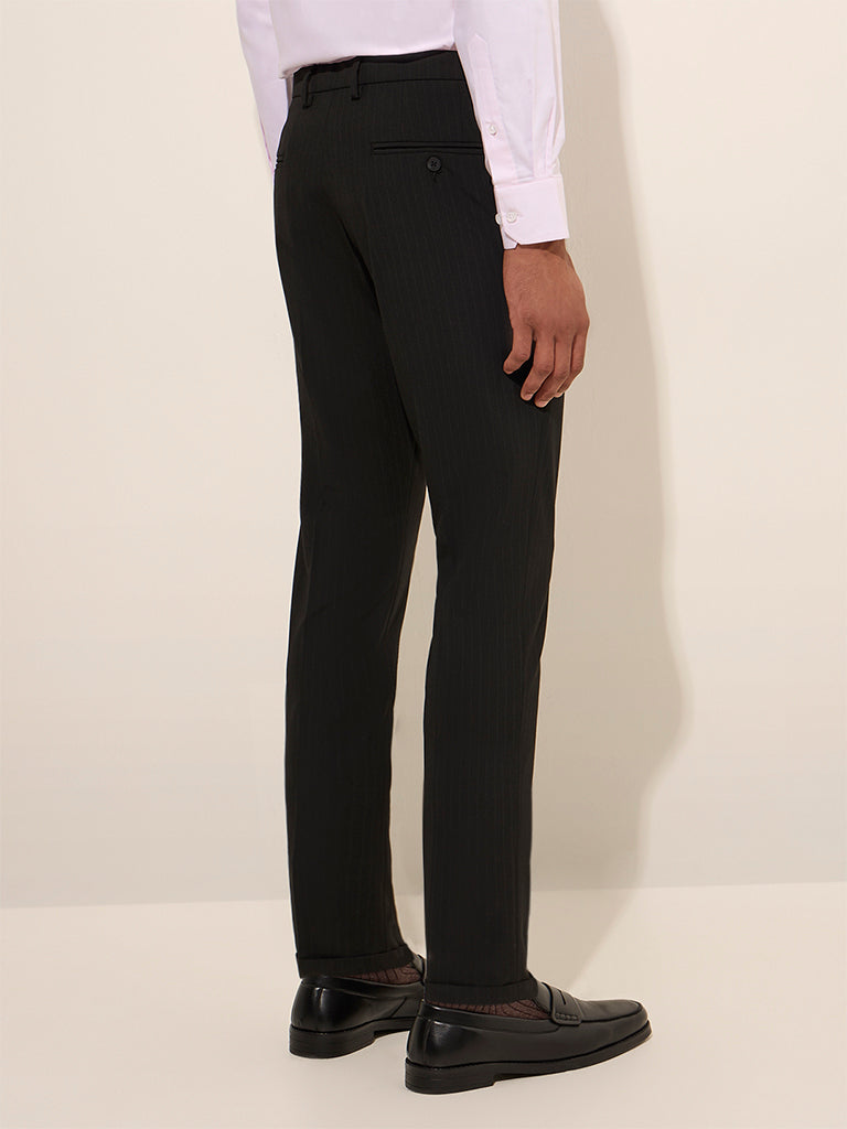 WES Formals Black Pinstriped Mid-Rise Slim-Fit Trousers - Image 4