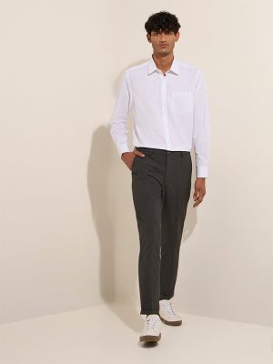 WES Formals Charcoal Pinstriped Mid-Rise Slim-Fit Trousers