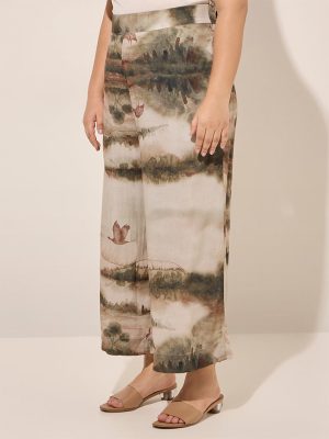 Diza Olive Abstract Printed High-Rise Palazzos