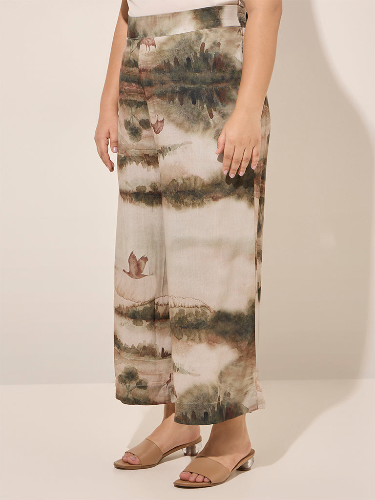 Diza Olive Abstract Printed High-Rise Palazzos