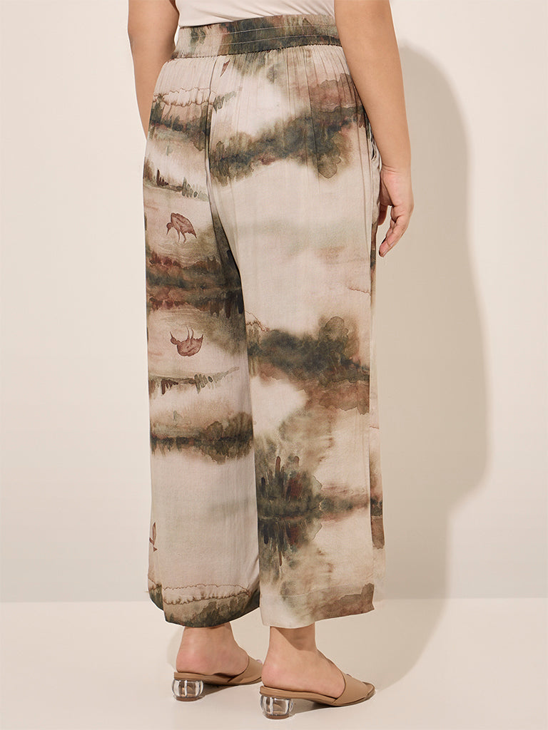 Diza Olive Abstract Printed High-Rise Palazzos - Image 2